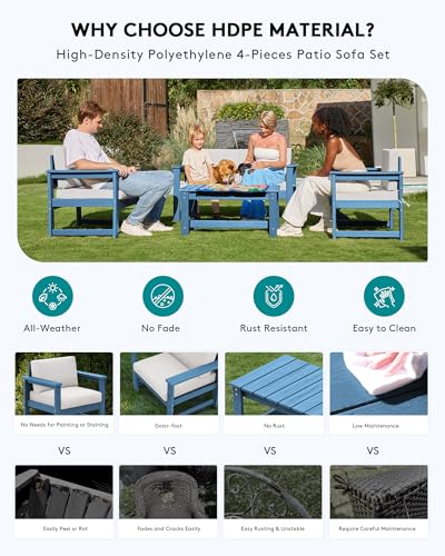 Image of SERWALL HDPE Outdoor Loveseat with Cushion, Outdoor Sectional Furniture Set | All Weather Use Patio Couch Sofa，Blue Frame with Khaki Cushions