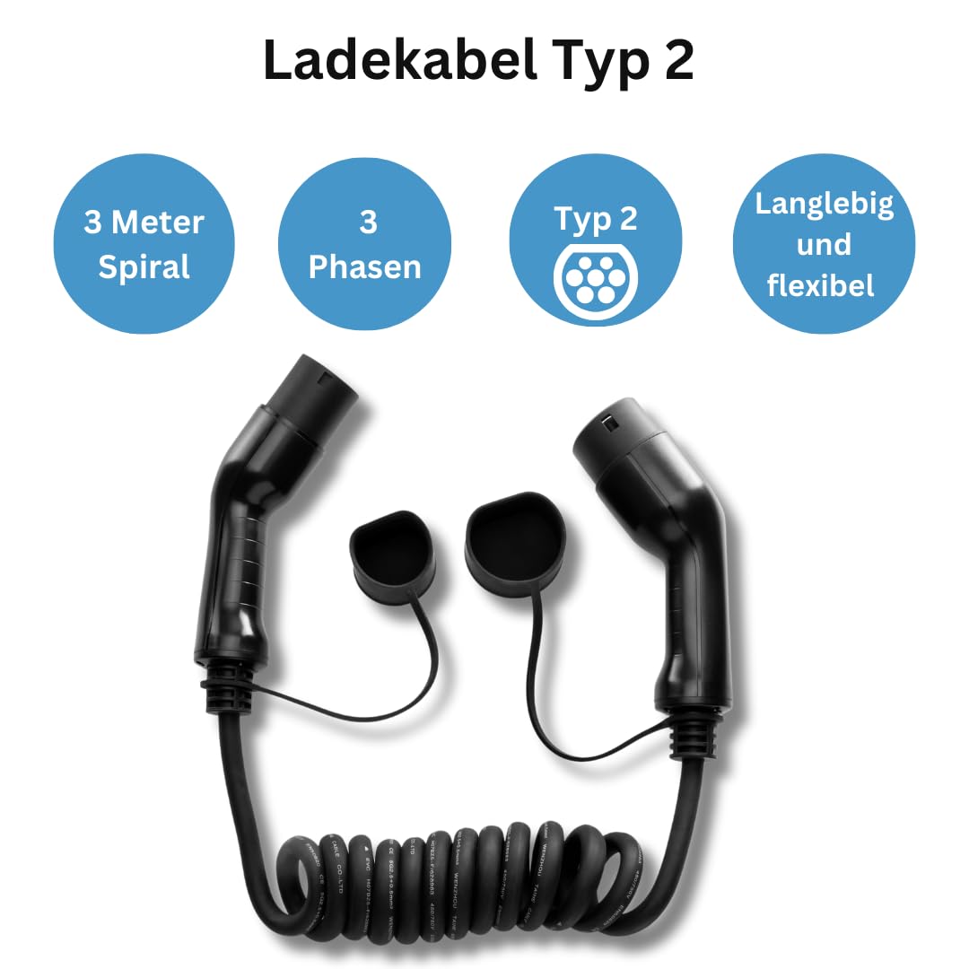 Cable de Carga Tipo 2 para Coches eléctricos, 16 A, 3 Fases, 3 m Espiral, solución de Recarga VE Duradera y Flexible