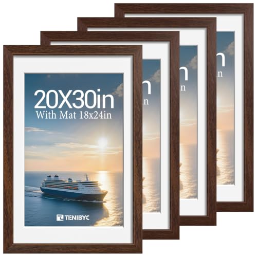 TENIBYC 20x30 Poster Frame 4 Pack, 18x24 Mat, Brown Wood, for Picture