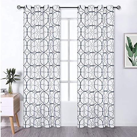 Blue and White Blackout Curtains, Grey and Navy Geometric Trellis Curtain Panel, Room Darkening Thermal Insulated Window Drapes Treatment with Grommets for Bedroom Living Room, Set of 2, 52 x 84 Inch Cover