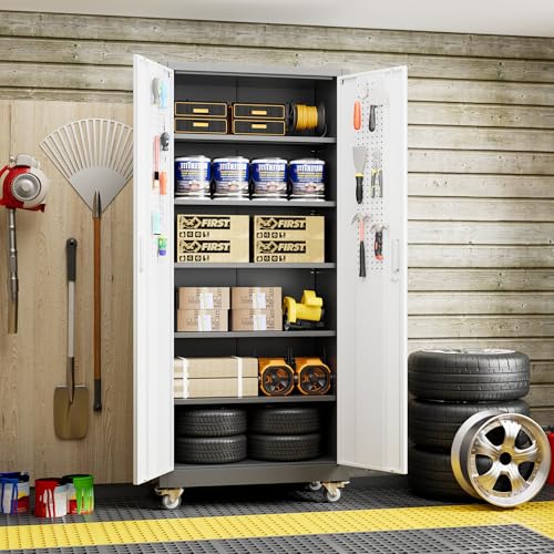 Image of Aobabo Upgrade 71H''*32''W*16''D Metal Garage Storage Cabinet with Wheels and Pegboards, 5 Adjustable Shelves Steel Storage Cabinets for Home,Warehouse,Garage,Assembly Required,Grey and White