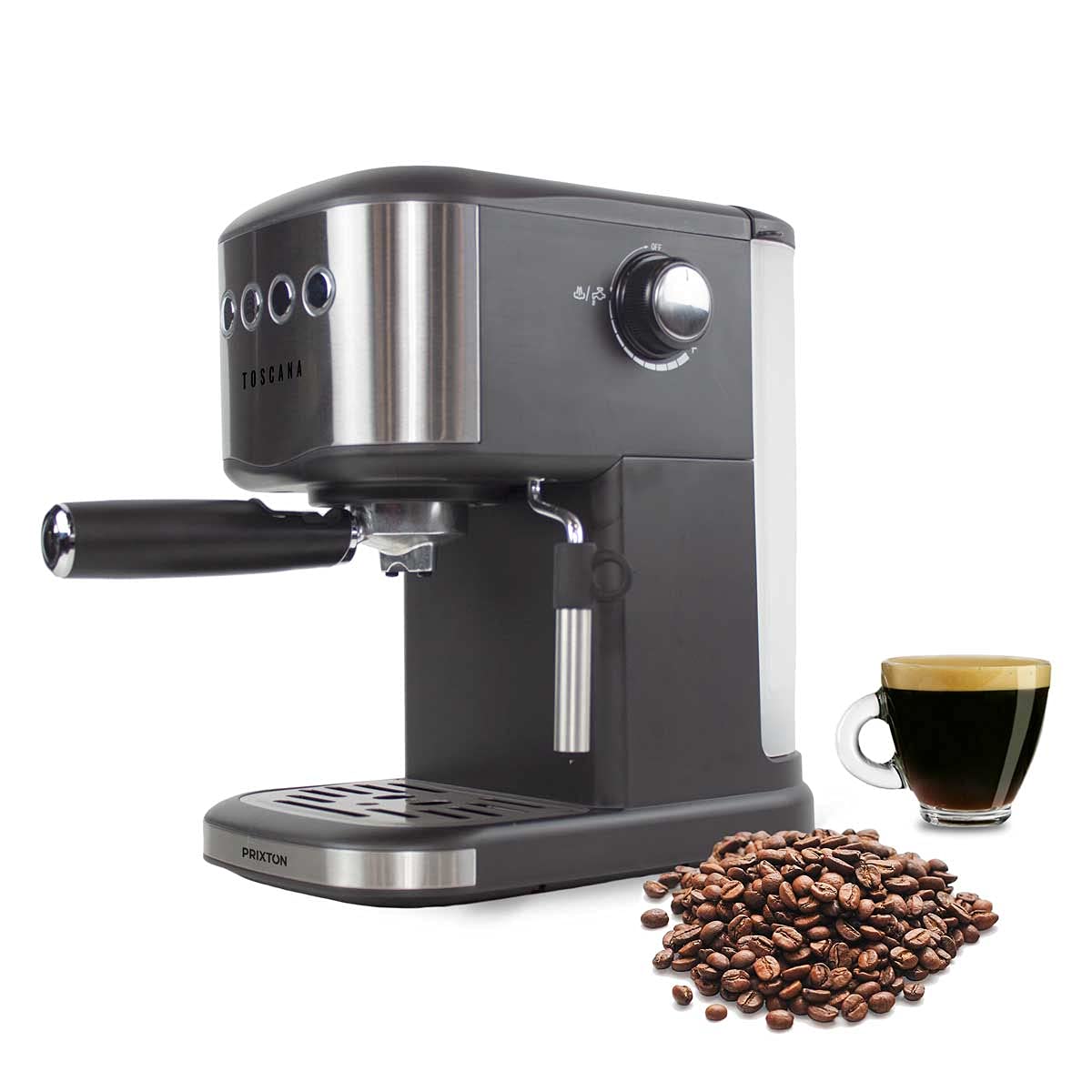 PRIXTON Cafetera Automática Toscana para café Expresso y Adaptador para Cápsulas, Bomba Italiana 850W y 20 Bares de Presión, Vaporizador