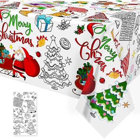 Christmas Coloring Tablecloth, 47 x 71 Inch Christmas Crafts for Kids Giant Coloring Poster Versatile Paper Coloring Santa Color-in Tablecover for Christmas Winter DIY Party Decorations Cover