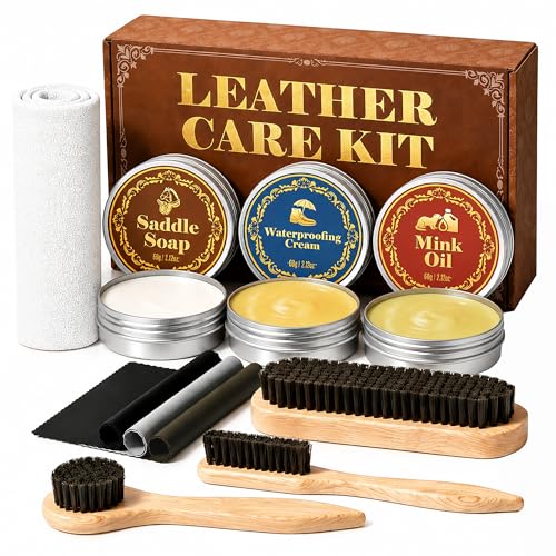 Jevvu 10PCS Leather Care Kit Saddle Soap Mink Oil & Waterproof Wax Shoe Shine Kit for Boots Leather Shoes & Cowboy Boots Boot Cleaning Kit with Horsehair Brushes Polish Cloths & Towel Gift Set