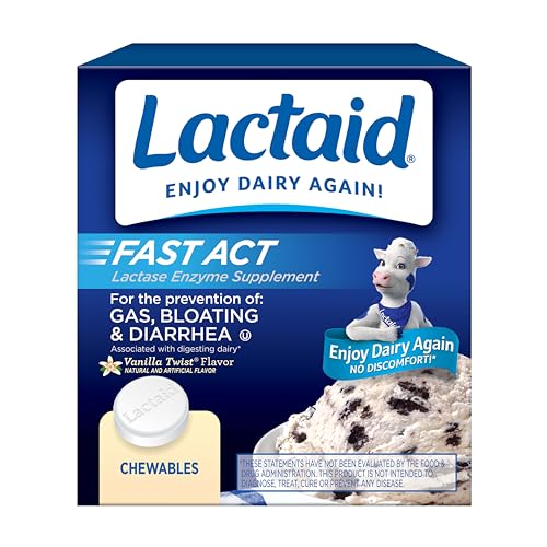 Lactaid Fast Act Chewables that Helps Prevent Gas Bloating and Diarrhea Due to Lactose Intolerance Digestive Enzyme Tablets for Kids and Adults Vanilla Twist Flavor 60 Ct