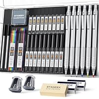 35Pcs Art Mechanical Pencil Set with Case, 0.5 0.7 0.9 2.0 Graphite Metal Drawing Drafting Pencils, Sharpener Erasers 384PCS Lead Refills (6B 4B 2B HB 2H 4H Colors)Pencils for Writing Sketching,Silver