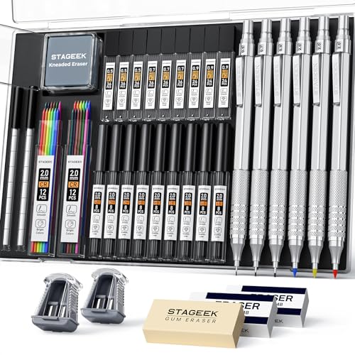 Image of 35Pcs Art Mechanical Pencil Set with Case, 0.5 0.7 0.9 2.0 Graphite Metal Drawing Drafting Pencils, Sharpener Erasers 384PCS Lead Refills (6B 4B 2B HB 2H 4H Colors)Pencils for Writing Sketching,Silver