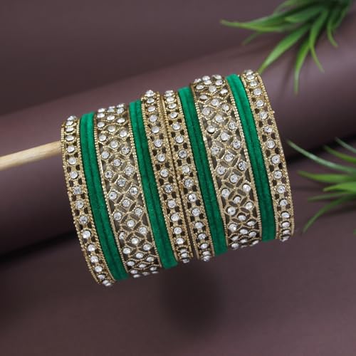 Image of I Jewels Gold Plated Traditional Royal Emerald Velvet Chuda Bangle Set Kada for Bridal /Women
