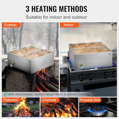 Image of VEVOR Maple Syrup Evaporator Pan, 23.6 Gal, 24 x 24 x 9.5 Inch Maple Syrup, 304 Stainless Steel Maple Syrup Pan, Evaporator Pan with 1 Valve and 3 Heating Methods, for Home, Outdoor