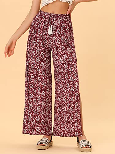 Allegra K Women's Boho High Waist Drawstring Split Flowy Wide Leg Pants3