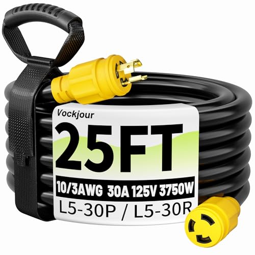 Vockjour 30 Amp Generator Extension Cord 3 Prong 25FT NEMA L5-30P/L5-30R 10 Gauge Extension Cord Yellow Twist Lock Generator Power Cord Heavy Duty STW 125V 3750W ETL Listed