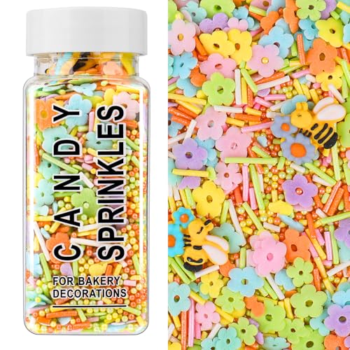 Flower Sprinkles for Cake Decorating, 4.6oz Edible Spring Colorful Sprinkles with Flowers Bees Green Pearls for Cake Cupcake Baking Cookie Toppings