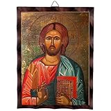 Threehoney Greek Christian Orthodox Icon for Wall Jesus Christ Image Hanging Painting 6.3 x 4.7 in Handmade Solid Wood Decorative Painting for Home and Church Decoration