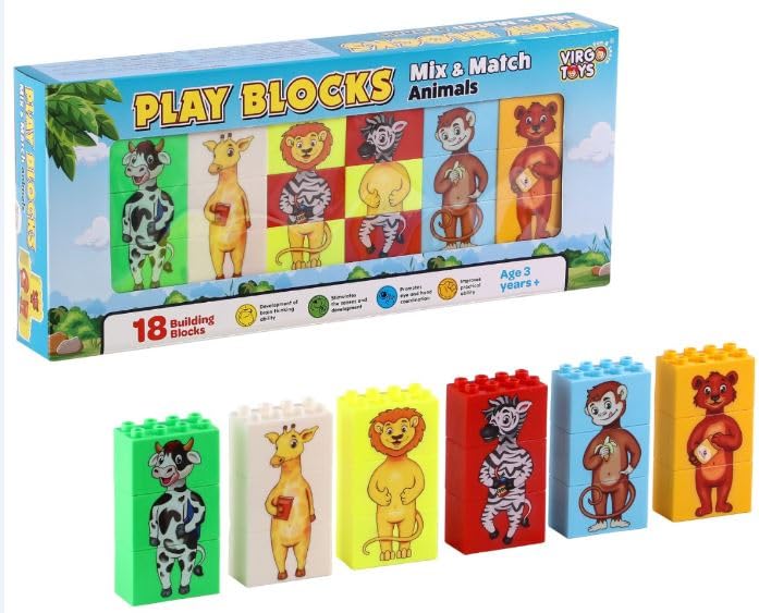 Image of Negi Play Blocks Mix & Match Animals for Kids 6 Buildale Animals Block Puzzles Includes Zebra, Bear, Giraffe, Monkey, and Cow Development of Brain Thinking Ability for Kids 18Pcs Building Block.