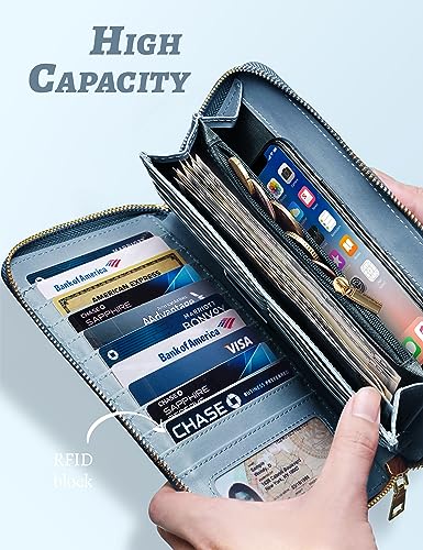 Yarnic Blue Woman Wallet Credit Card Holder Money Pockets Big Wristlet Wallet Case Coin Money Clip Organizer Purse with RFID Blocking Large Capacity with Zipper (light blue) — view 4