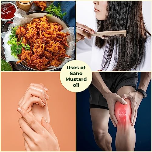 Image of SANO Kachi Ghani Mustard Oil 1 Ltr | High in Monounsaturated Fats (MUFA) | Vitamin A and D Fortified Oil | Cholesterol and Trans Fat Free | Ideal for Frying, Roasting, Tempering, and Pickling | Indian Cooking