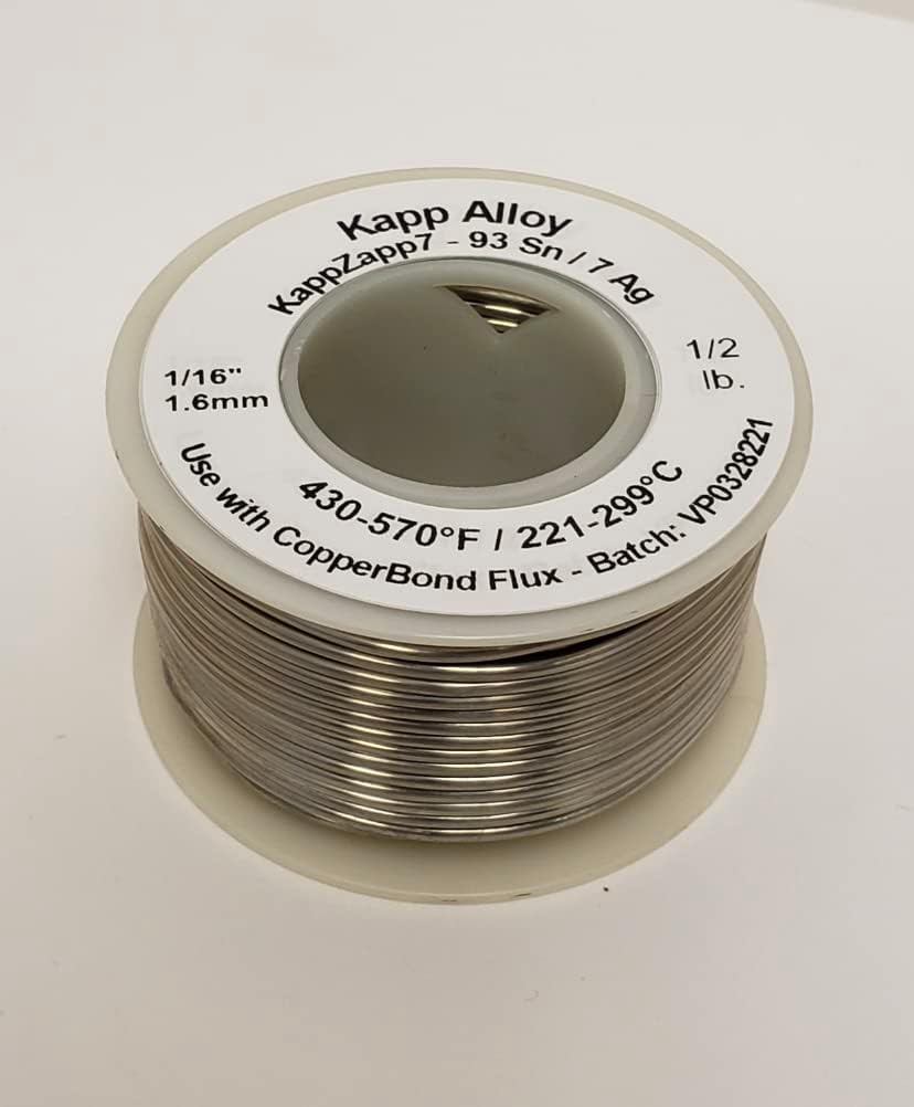 KappZapp7 7% Silver Solid core 1/16" (1.6mm) Solder for Copper, Brass, & Stainless Steel ½ lb Spool