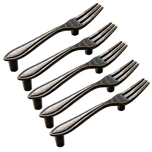 FirstDecor Hardware Utensil Series: Fork Shape Kitchen Cabinet Drawer Door Pulls/Handles (76mm Center to Center),Antique Bronze,5pcs