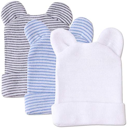 Aablexema Newborn Hat with Ears - Infant Boys Hospital Hat Baby Nursery Beanie Caps 0-3 Months(3pcs, A White & Blue & Grey)