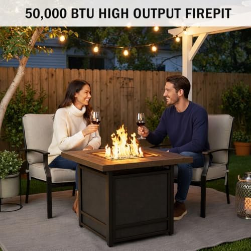 Grand Patio 29-Inch Outdoor Fire Pit Table, 50,000 BTU CSA Approved Square Propane Fire Pit Table with Woodgrain Finish Tabletop, Lava Rocks, Outdoor Fire Table for Patio, Garden, Backyard - 1