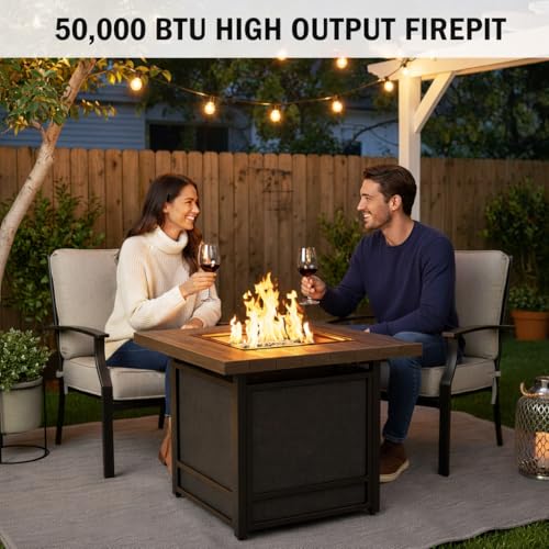 Grand Patio 29-Inch Outdoor Fire Pit Table, 50,000 BTU CSA Approved Square Propane Fire Pit Table with Woodgrain Finish Tabletop, Lava Rocks, Outdoor Fire Table for Patio, Garden, Backyard