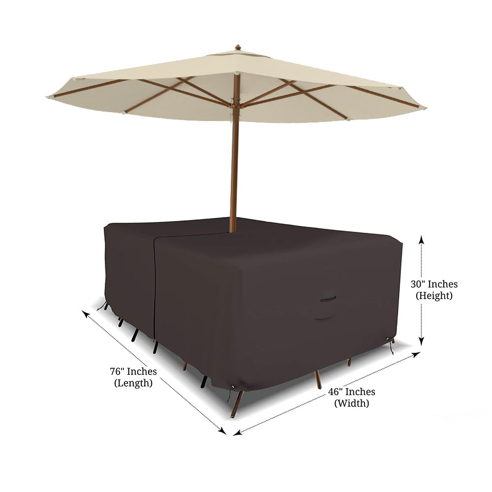 Covers & All Prostokątny stół i krzesło patio zestaw pokrowiec z otworem na parasol - wytrzymały 45 ml wodoodporny pokrowiec na meble z tyłu z kieszenią powietrzną i sznurkiem do wygodnego dopasowania (190 cm szer. x 115 cm gł. x 76 cm wys. , kawa)