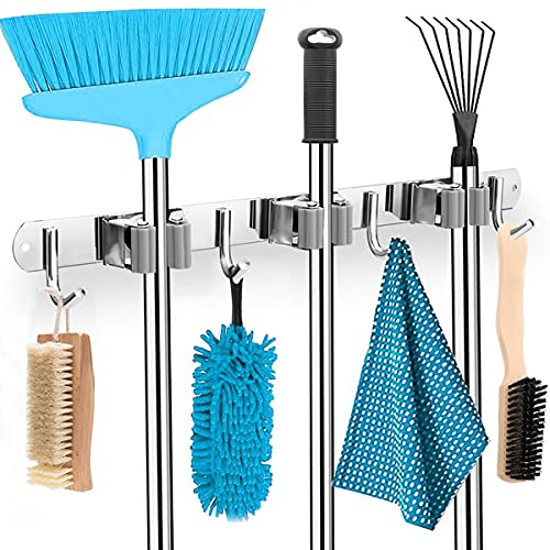 Mop and Broom Holder Wall Mount by AAB SUS 304 Stainless Steel Storage and Organization Garden Tool OrganizerÂ with 3 Racks 4 Hooks for Laundry Room Garage Closet Kitchen