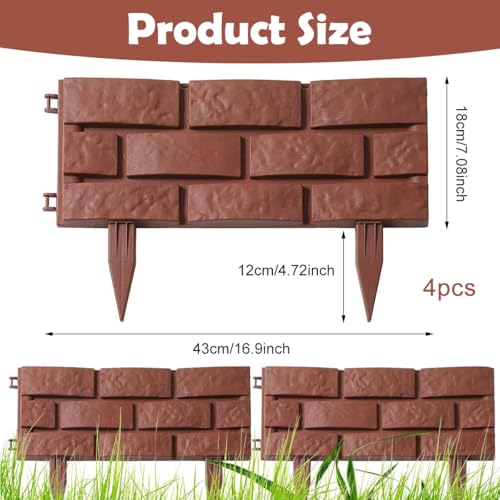 Image of HASTHIP 4Pcs Garden Fence Border, Garden Decor Fencing, Rustic Brick Garden Edging Picket Fence - Connectable Garden Border Fence - Decorative Fence for Garden Lawn, Pathway, Backyard (Brown)