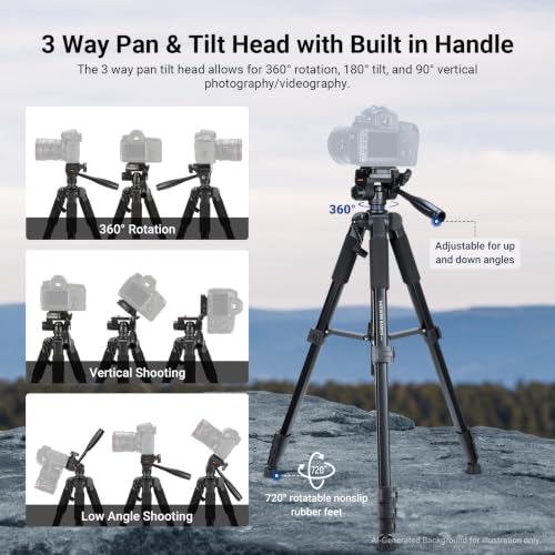 Image of NEEWER Basics TP56 Camera Tripod, 74 inch Tripod with Cell Phone Holder Mount | Compatible with iPhone for Video Recording, Professional Aluminum Lightweight Portable Travel Stand, 3 Way Pan Tilt Head