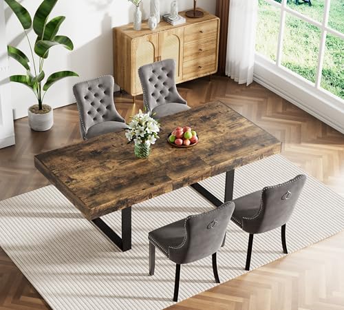 Image of Rustic Brown Dining Room Table Set for 4, 5-Piece 63 inch-78.74 inch Extendable Dining Table Set with 4 Upholstered Chairs, Rectangle Wooden Expanding Kitchen Table and Grey Chairs Set