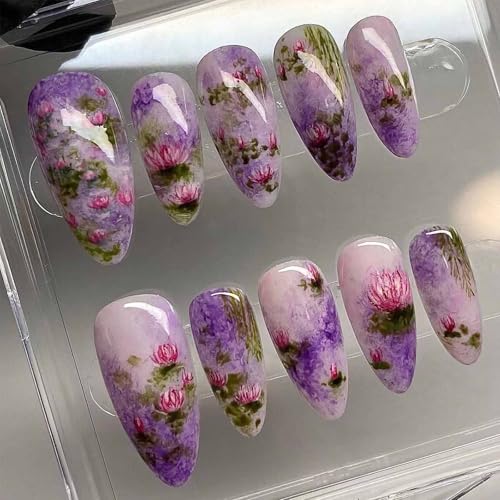 LBPEPAMZ 24Pcs Purple Press on Nails Medium Almond Fake Nails Purple Ombre Tips Full Cover Glossy Acrylic Nails False Nails Summer Lotus Lavender Stick on Nails Pink Flower Glue on Nails for Women