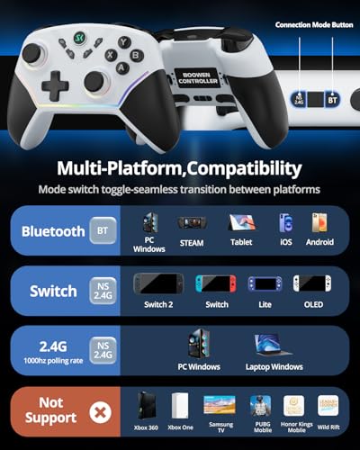 Image of Multi-Platform Wireless Controller, PC Gaming Controller with 2.4G Adpater /Hall Joysticks /Hall Triggers /1200 mAh Battery /4 Programmable Buttons /RGB Lighting, Compatible with PC Windows 7 /8.1 /10 /11, Switch /OLED /Lite, iOS, Android, Steam-White