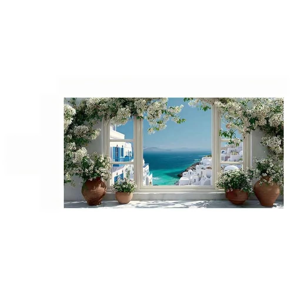 Lienzo decorativo de pared con vista a la isla de Santorini desde una ventana abierta, paisaje costero griego, decoración marina (80x160cm/sin marco)