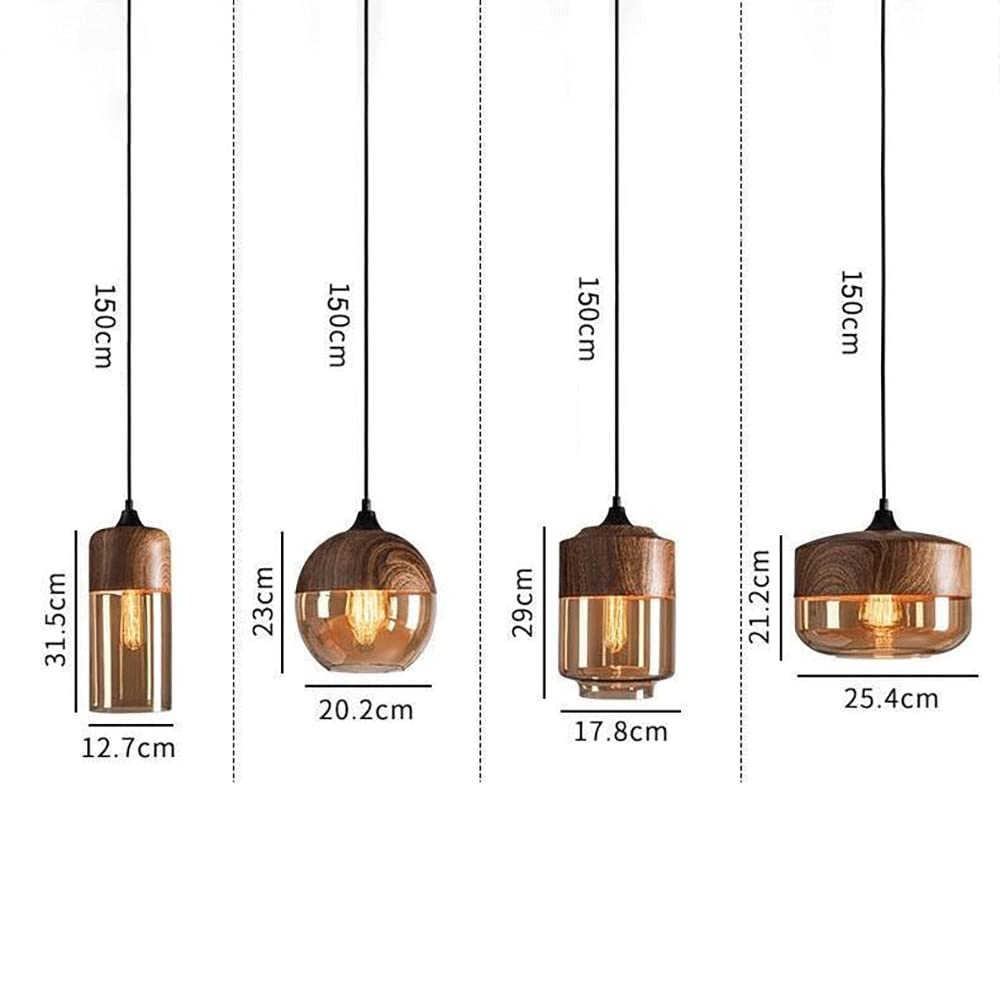 Suspension Loft Verre Ambré & Bois Grain – Luminaire Pendentif E27 – Cuisine, Salon, Chambre Moderne