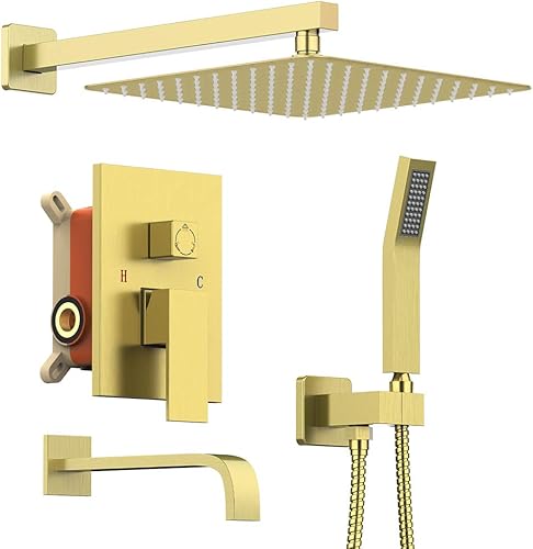 KOJOX Sistema de ducha de 12 pulgadas con lluvia de alta presión y cabezales de ducha de mano, kit de molduras de grifo de bañera y ducha, color