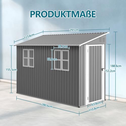 Metall Gerätehaus 1,2 x 3 m (ca. 4x10 Fuß) – Anlehn-Geräteschuppen mit Boden-Kit, abschließbarer Tür & 2 Fenstern – wetterfest für Fahrräder & Aufbewahrung