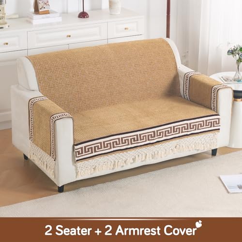 Image of HOKIPO 'Imperial Tassel Series' Premium Chenille Jacquard Sofa Cover Set for 2 Seater for Seat, Back & Arms with Tassels, Caramel Brown (IN-1010 + IN-1012-I2*2)