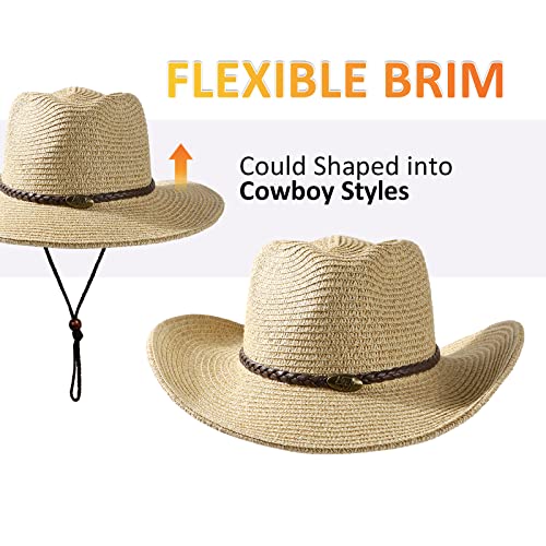 Women Straw Sun Hat Mens Cowboy Style Garden Hat Upf 50+ Wide Brim Summer Hat With Wind Lanyard (Beige 2, Onesize) #TOP3