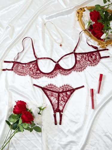 Image of Lilosy Sexy Underwire Floral Lace Sheer Lingerie Set for Women See Through Bra and Panty 2 Piece