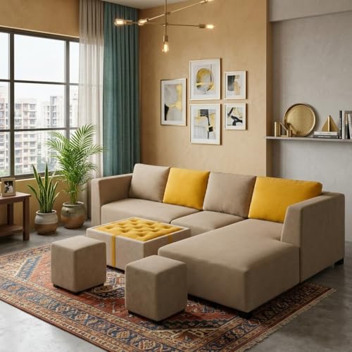 Image of FURNY Olympus 8 Seater RHS L Shape Sofa Set | Plush Velvet Suede Fabric | Modern Design | Soft Comfort Dual Color Cushions for Living Room, Office & Hotels (Beige-Yellow)