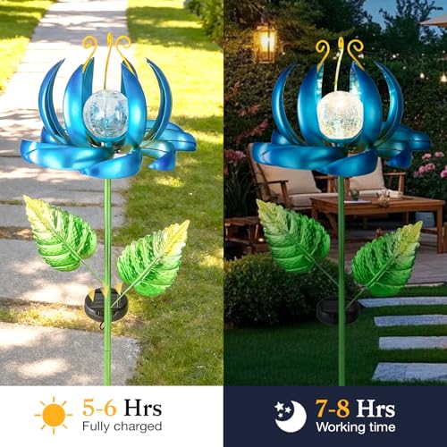Image of Solar Yard Lights Wind Spinners- Metal Lotus Flower Garden Decor LED Crackle Glass Globe Yard Art Sculpture Solar Stake Lights for Patio Pathway Lawn Walkway (Blue-Large)