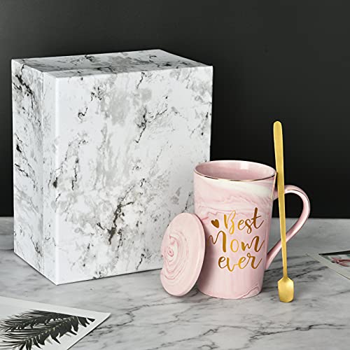 Livole Verjaardagscadeaus voor moeder, mama, mam grappige kerstcadeaus koffiemokken voor moeder, Moederdag geschenken, beste moeder ooit, 414 ml (14 oz) keramische marmeren koffiemok theekop met deksel, goud kleurige lepel en geschenkdoos, roze - Afbeelding 3
