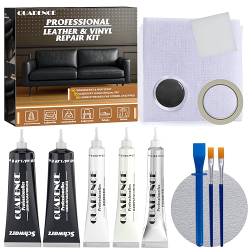 Quadence Leder Reparatur Set Schwarz Flüssigleder Reparaturset für Auto Sofa & Möbel Kunstleder Reparaturset für Kratzer Risse & Löcher für Leder & Kunstleder (5-teilig: 2 × 50 ml + 3 × 25 ml)