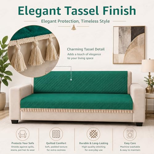 Image of Lukzer Quilted Sofa Cover Mat with Tassels for 2 Seater Sofa - Forest Green | Soft Washable Anti-Slip Protector for Living Room | Furniture Cover for Back-Seat Slipcover 120X150CM / SC-200-2T