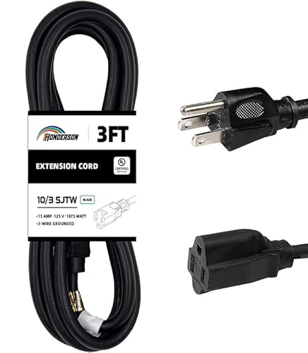 HONDERSON Extension Cord Weatherproof, UL Certified, 10 Gauge 3FT Black 3 Prong Heavy Duty, 10/3 SJTW 15A Power Cord for Lights, Appliances, Lawn