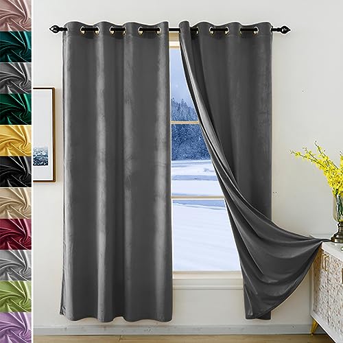 JRUI Double Rideaux Occultant Velours 150x140cm (HXL) Gris foncé, Rideaux Occultants Thermique Lot De 1 à Oeillets Rideaux Anti Bruit Opaque, pour Salon...
