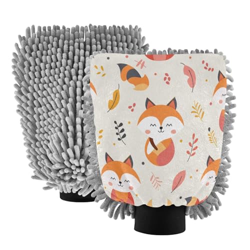 ALAZA Cute Fox Leaves Car Wash Mitt Scratch Free, 2 Pack Absorbent Microfiber/Chenille Washing & Drying Mitts, M