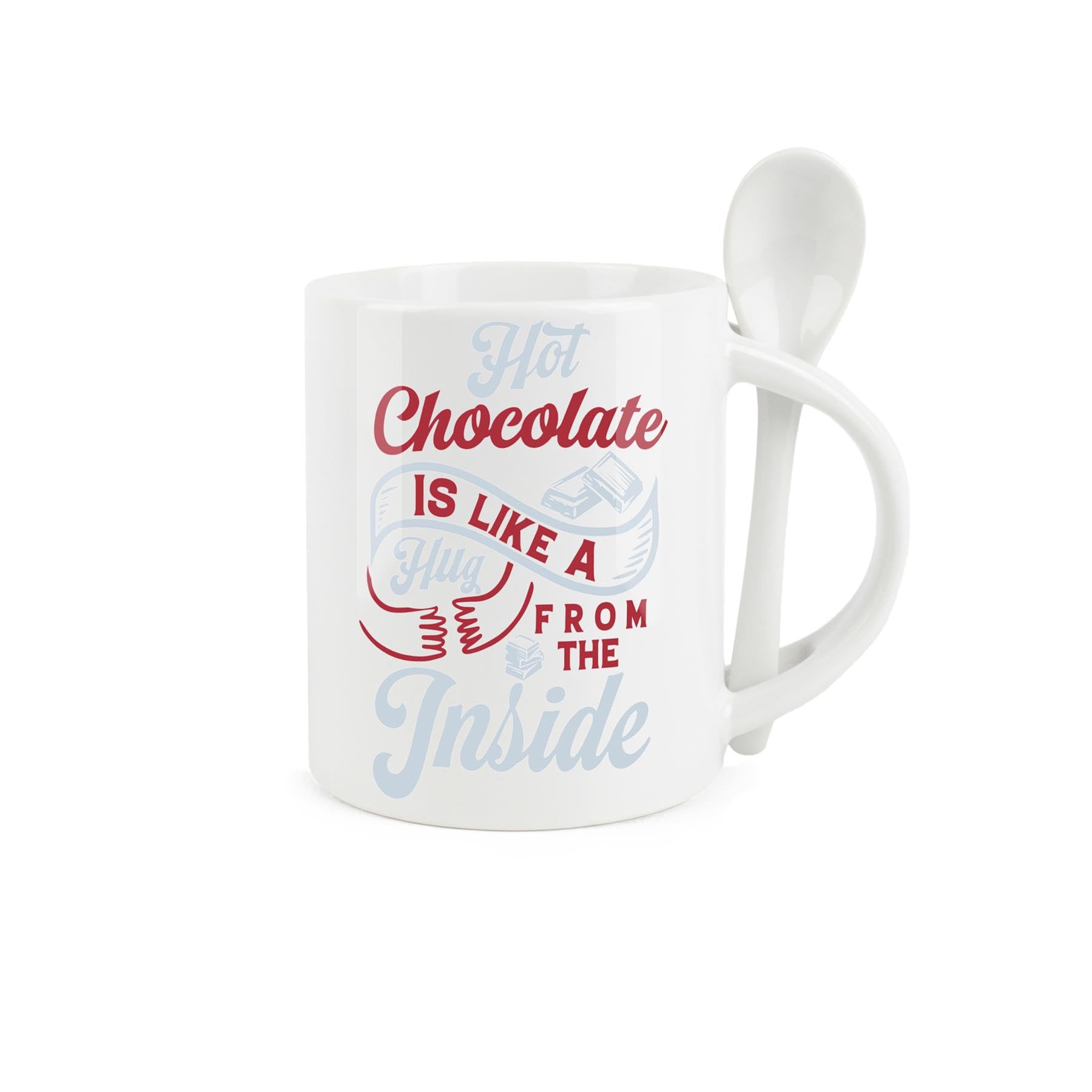 Purely HomeHot Chocolate Mug and Spoon Set - Hug from The Inside Cute Homely Gift - Ceramic White and Brown Hot Drink Mug with Spoon in Handle