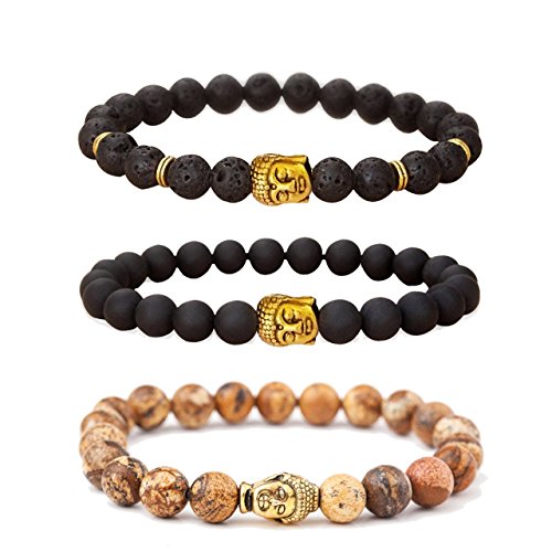 MIKINI Mens Womens Bracelets - Healing Energy Bead, Buddha Mala, Lava Rock Black Matte Agate Picture Jasper, Pack of 3 (Gold Buddha Head)