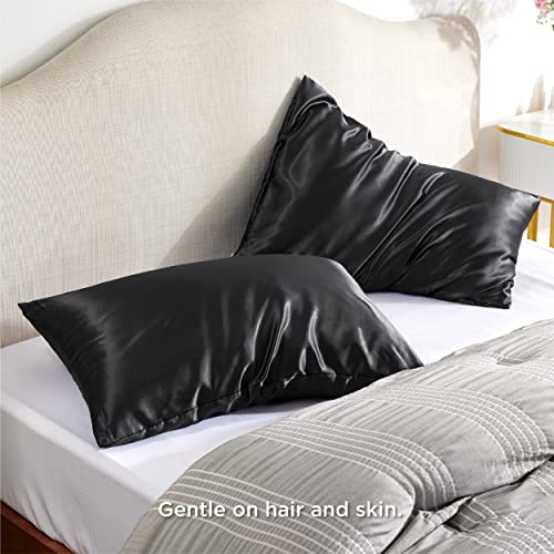 Image of Bedsure Satin Pillowcase with Zipper,King Pillow Cases Set of 2 | Similar to Silk Pillow Cases 2 Pack, Silky & Soft Pillow Cover for Hair and Skin, Gifts for Women Men, Black, 20x36 Inches